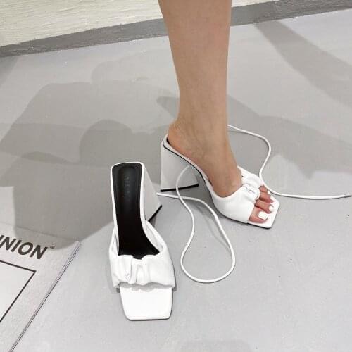 LMCAVASUN 2021 summer one-word thick high-heeled lace-up two-wear sandals slippers