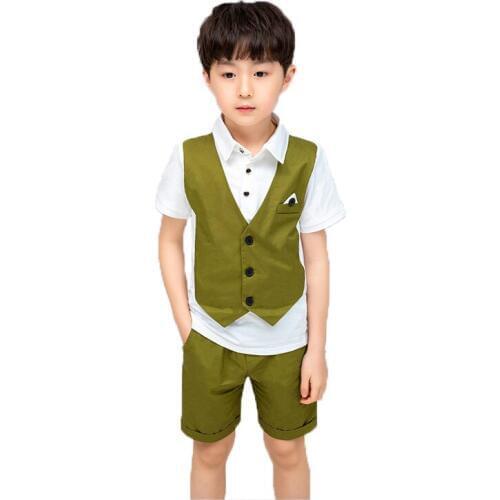 Boys Summer Formal Suit 2pcs Fake Vest+Shorts Children Wedding Party Clothing Set School Kids Graduation Tuxedo Costume