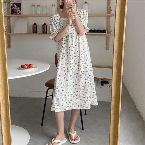 Cute Smile Print Summer Nightgown Cotton Casual Soft Loose Sleepwear Ruffles Homewear Casual Vintage Home Clothes Kawaii