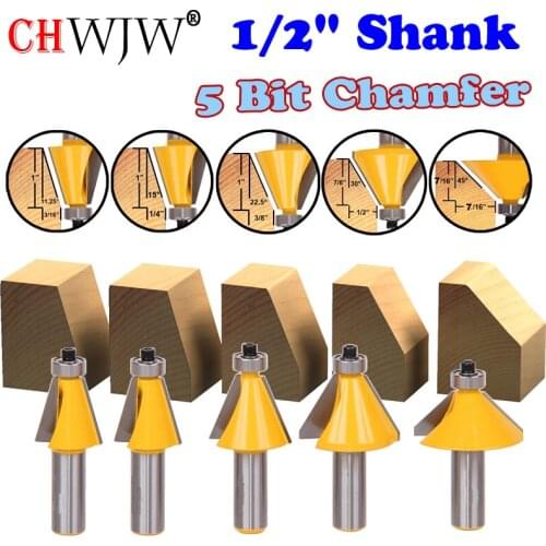 5 PC 1/2" Shank Chamfer Router Bit Set 11.25Degree 15Degree 22.5Degree 30Degree 45Degree Cutter wood working - CHWJW 13508