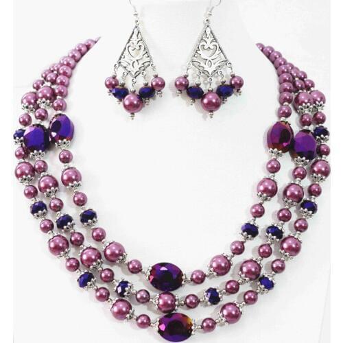 New Purple earrings necklace 3rows round shell simulated-pearl oval crystal beads special design jewelry set 18-22" B998