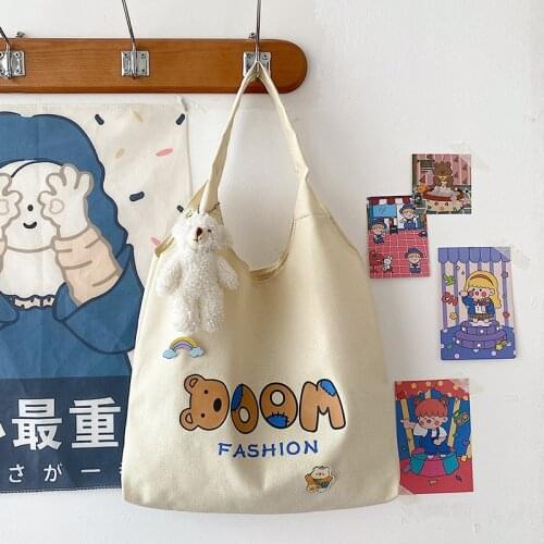 New Women Cute Cartoon Canvas Shoulder Bag Japanese Simple Casual Female Tote Black Shopper Bag High Capacity Handbags For Women