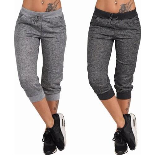 Solid Color Tie Casual Womens Seven-minute Trousers Mid Waist Drawstring Calf-Length Pants Regular Pants Grey black