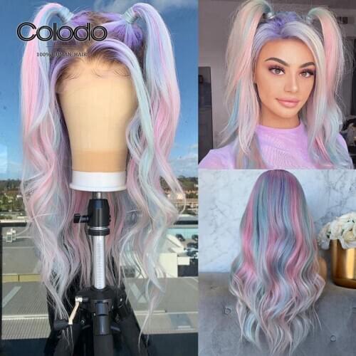 COLODO Remy Brazilian Light Blue Pink Rainbow Lace Front Human Hair Wig with Short Roots Pre Plucked Ombre Lace Wigs for Women