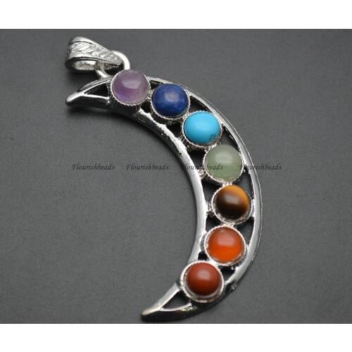 Mix Stone Cabochons Chakra Moon Shape Metal Pendant Fashion Energy Jewelry