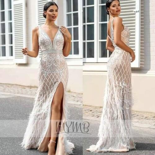 Hot Sale Sparking Ivory Evening Gown Occasion Sexy Mermaid Luxury Feathers Beading Elegant Prom Party Dress With High Split