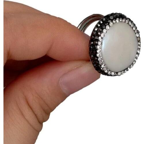 Y·YING Natural Cultured White Coin Pearl Black Crystal Pave Rings Resizable