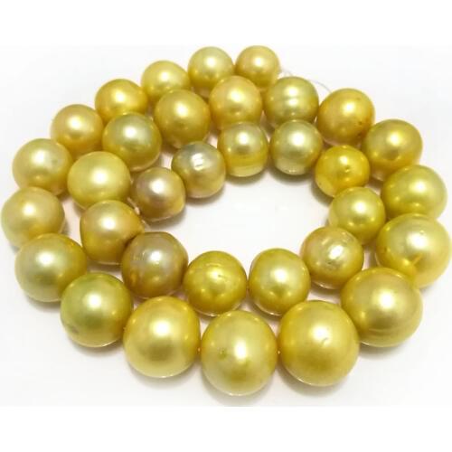 16 inches A+ 12-15mm Large Round Yellow Freshwater Pearl Loose Strand