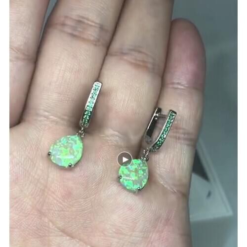 925 Sterling Silver Natural Opal Earrings Water Drop Shaped Green Zircon Natural Stone Women Drop Earrings Fashion Jewelry