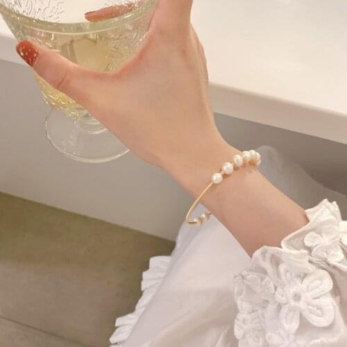 MENGJIQIAO 2021 Korean Elegant Freshwater Pearl Beads Bangles For Women Ladies Sweet Metal Chain Cuff Bracelet Jewelry Gifts