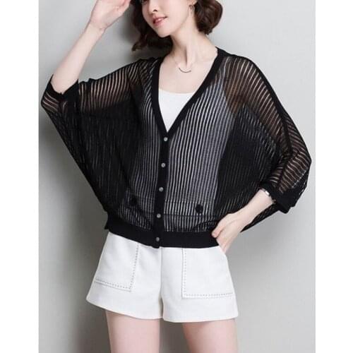 Summer 2021 New Women Loose Bat-shaped V-neck Three-quarter Sleeves Ice Silk Knit Cardigan Hollow Sun Protection Clothing Y98