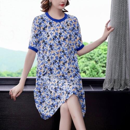 Summer Blue Floral Short Sleeve Midi Dresses 2021 Vintage 4XL Plus Size Beach Chiffon Dress Elegant Women Bodycon Party Vestidos