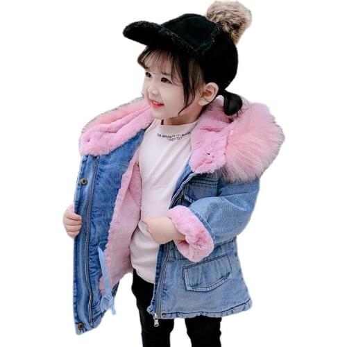Winter Toddler Girl Denim Jacket Plus Velvet Fur Hooded Warm Girls Outerwear Parka Coat 2-7 Years Kids Clothes Baby Thick Coats