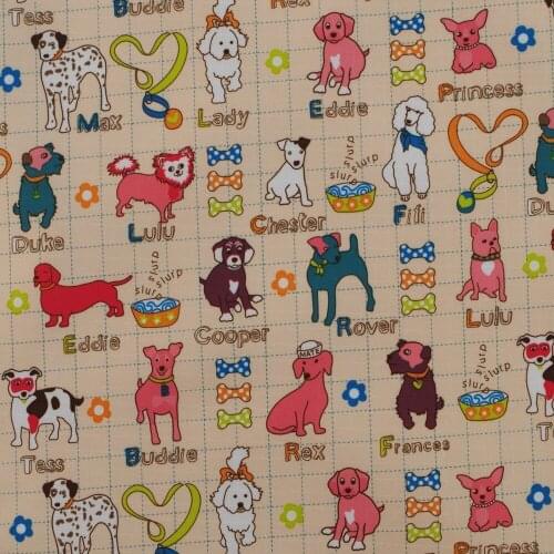 1 yard Polyester/PVC coated Waterproof Fabric for bag, handmaking, Lovely dogs on Light Yellow background (width=140cm)