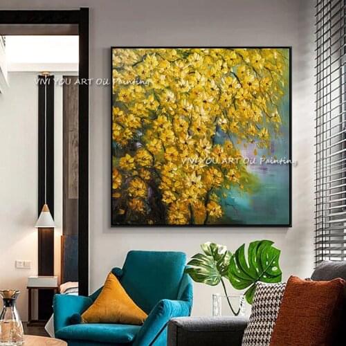 100% Hand-painted Thick Blue Paint Landscape Tree Oil Painting Beautiful Wall Art Pink Tree Oil Painting for Living Room Decor