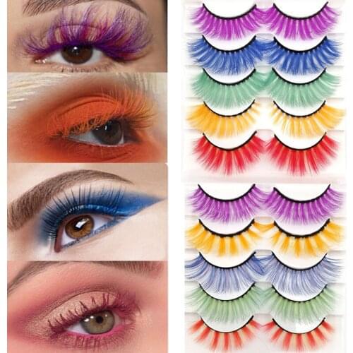 3D Hand Made False Colored Eyelashes Natural Real Mink Fluffy Style Eye Lash Extension Makeup Cosplay Colorful Eyelash 5Pairs