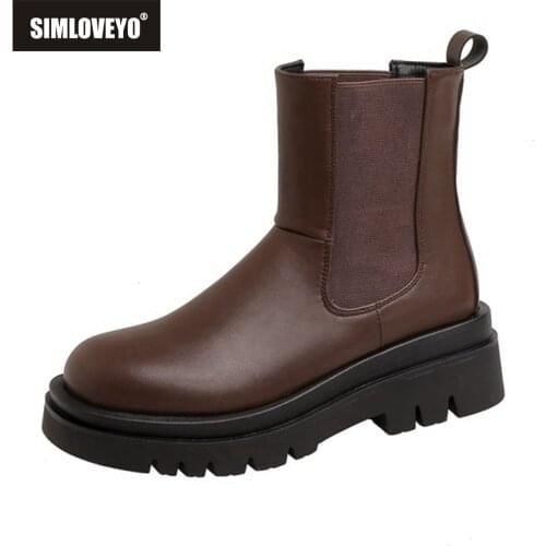 SIMLOVEYO Chelsea Boots Chunky Boots Women Winter Shoes Leather Plush Ankle Boots Black Female Autumn Fashion Platform Booties