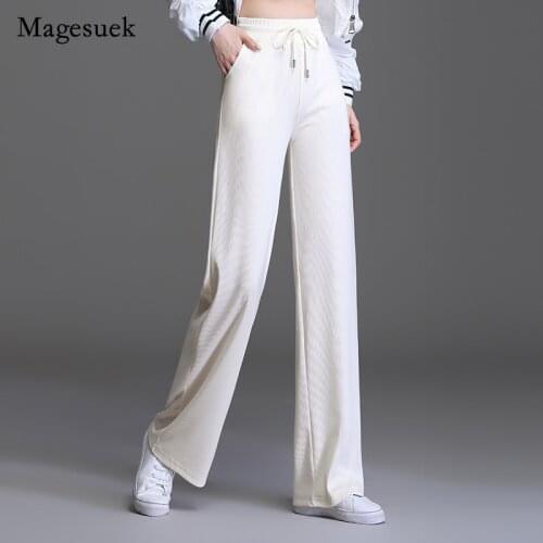 Drawstring High Waist Slim Pants Spring Autumn New Women Casual Pants Straight Wide Leg Pants Large Size Womens Trousers 16448