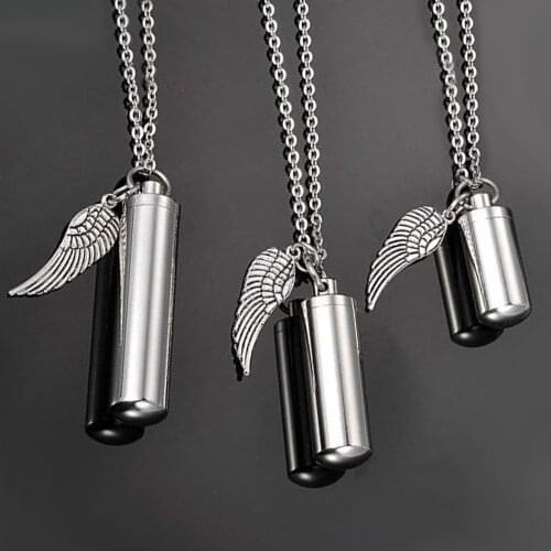 Stainless Steel Perfume Holder Cylinder Ashes Urn Pendant With Angel Wing Charm Cremation Memorial Necklace Jewelry