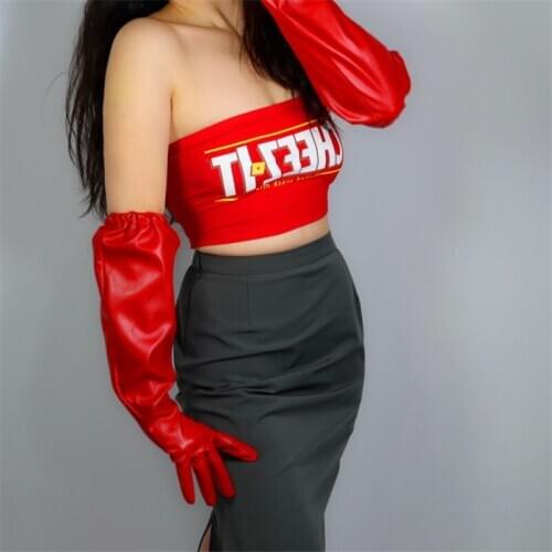 LONG LEATHER GLOVES Faux Leather PU 20" 50cm Red Elastic Band Cuff Large Wide Sleeves Male Female PU180