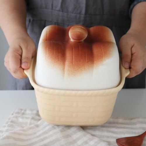 Bread Mold Baking Bowl Japanese Ceramic Bread Pot Toast Canister Double Ear Container Kitchen Storage Jar Soup Large Bowl Lid