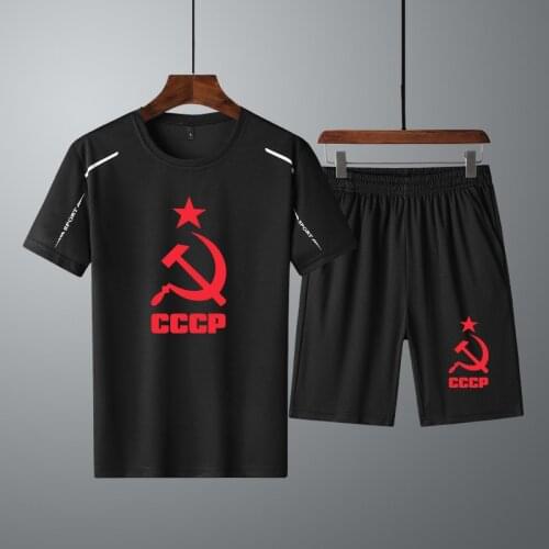 Summer Mens T-shirt CCCP Russian USSR Soviet Union Casual short sleeve Cotton high quality Mens T-shirt+shorts 2 piece suit