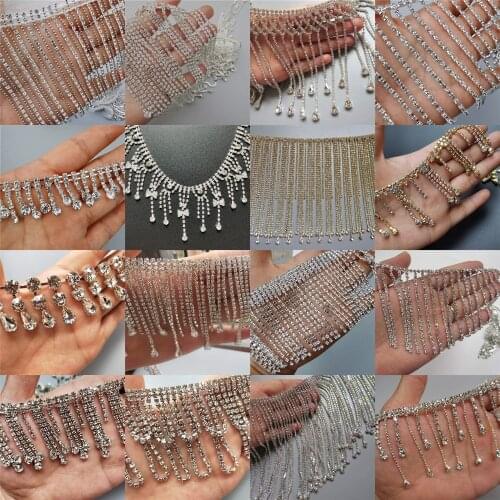 1yd Tassel Fringe Rhinestone Chain Trim Ribbon Diamond Crystal Bridal Sash Belt Necklace Sewing Craft Wedding Dress Costume DIY