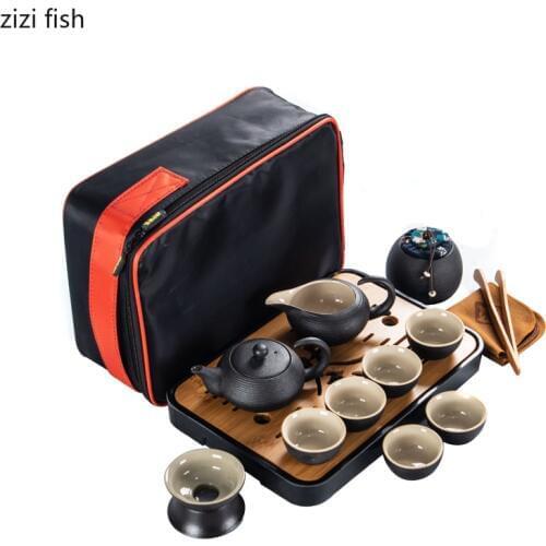 Chinese Style Ceramics Black Kung Fu Tea Set Suit One Teapot and Six Cups Carrying Case Travel Tea Set