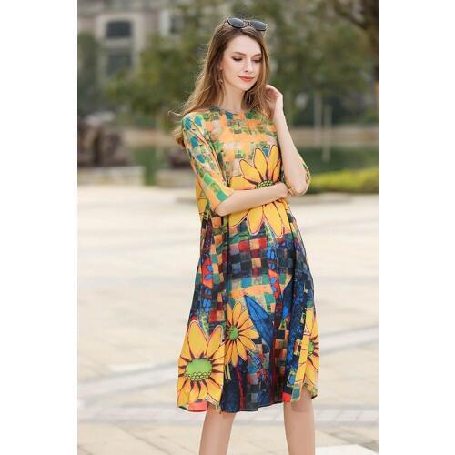 FASHION Womens Dresses Chiffon Knee-Length Dresses Elegant Short Sleeve O-Neck A-Line Dresses Sunflower Pattern Ladies Dresses