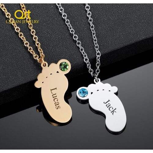 Baby Feet Necklace Engraved Name Necklace Stainless Steel Jewelry Personalized Name Chain With Birthstone Birthday Gift For Kids