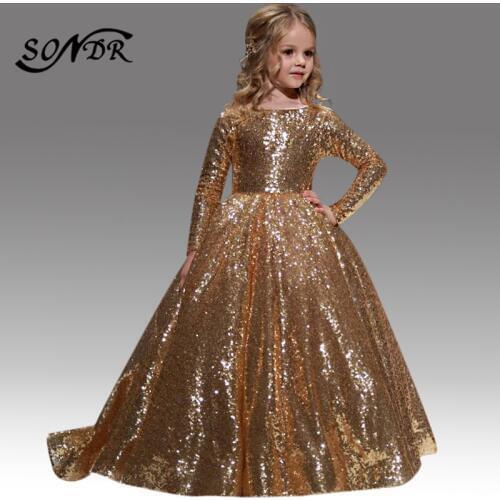 Sequin Flower Girl Dresses HT077 Long Sleeves Flower Girl Pageant Ball Gowns Elegant First Communion Dress for Little Kids