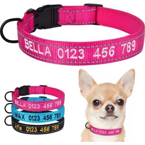 Adjustable Nylon Personalised Embroidered Dog Collar Puppy ID Collars Reflective
