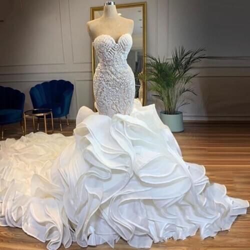 Luxury Mermaid Wedding Dresses Sweetheart Beads Crystals Ruffles Skirt Bridal Gowns 2020 vestido de noiva