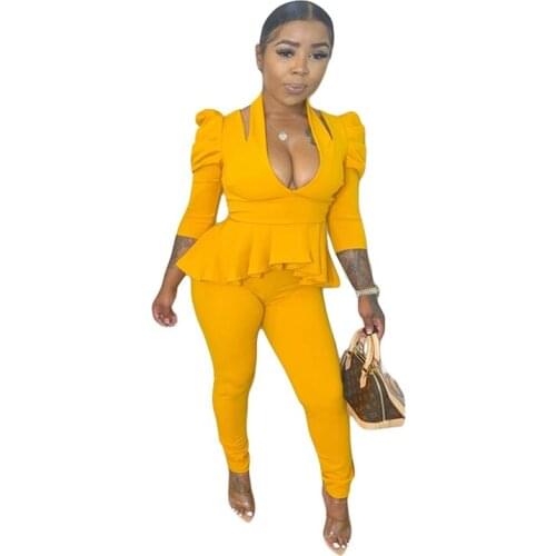 Women 2 Piece Set Solid Color Ruffles V Neck Tops Fitness Pants Office Clothing Loungewear Matching Sets Fall