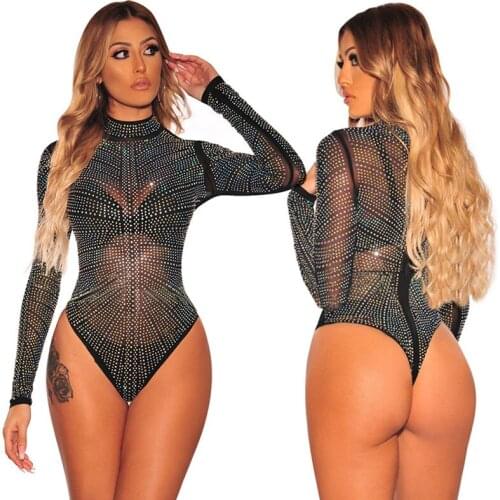 Womens Sexy Shiny Rhinestone High Collar Long Sleeve Tight Bottoming Sequins Sexy Hollow Out Perspective Jumpsuit
