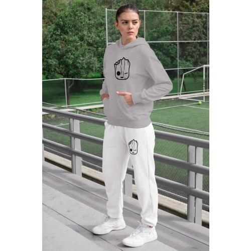 Angemiel Wear Winking Groot Women Tracksuit Set Gray Hooded Sweatshirt White Sweatpants