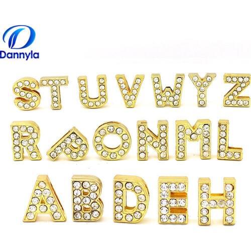 130pcs/lot 10mm Gold Full Rhinestones Slide Letters Fit 10mm DIY Wristband Bracelet Jewelry LSSL08