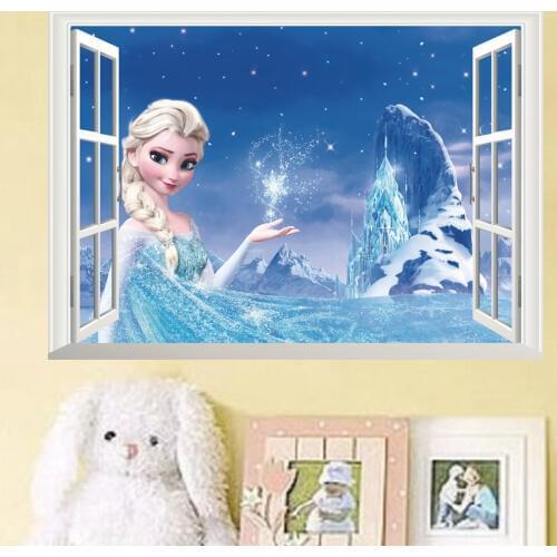 Cartoon Frozen Elsa Anna Princess 3d Window Wall Stickers for Girls Children Room Decoration Removable Kids Bedroom Poster Decal