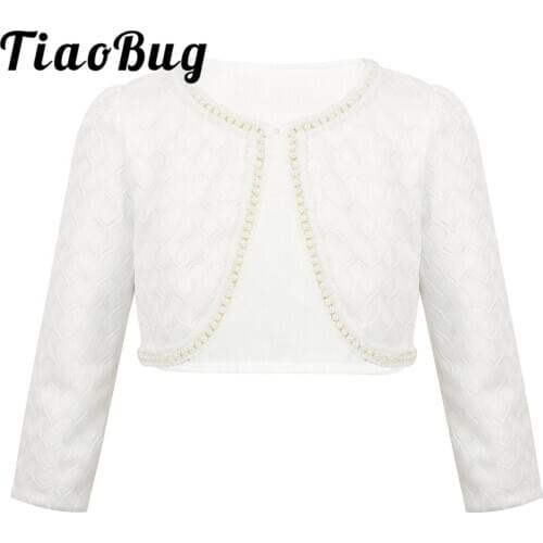 White Kids Girls Wedding Jacket Beaded One Button Closure Bolero Shrug Cardigan Top Short Jacket for Pageant Formal Party Wrap