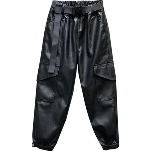 PU Leather Radish Pants Women Fashion Faux Leather Safari Trousers Women Elegant Pockets Pants Female Ladies harem