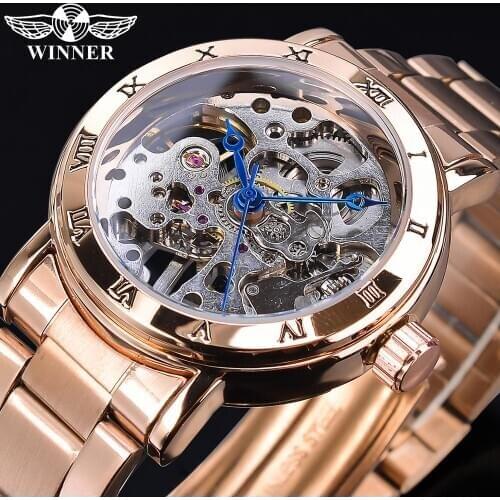 Winner Skeleton Dial Stainless Steel Exquisite Watch Rose Golden Women Fashion Watch Luxury Brand Waterproof Mechanical Clock
