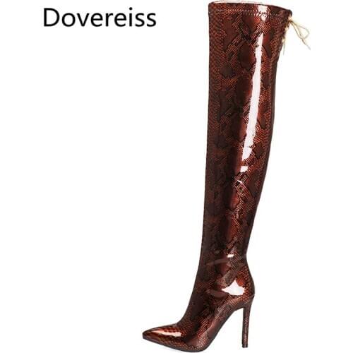Dovereiss Fashion Womens Shoes Winter Pointed Toe Sexy Zipper New Concise Snakeskin Over the knee boots Stilettos heels 32-44