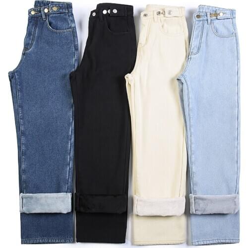 Candy Color Jeans Women Winter Warm Jeans Fleeces Thick Denim Trousers Loose Solid Casual Pants Female Jean Black Pant P9517