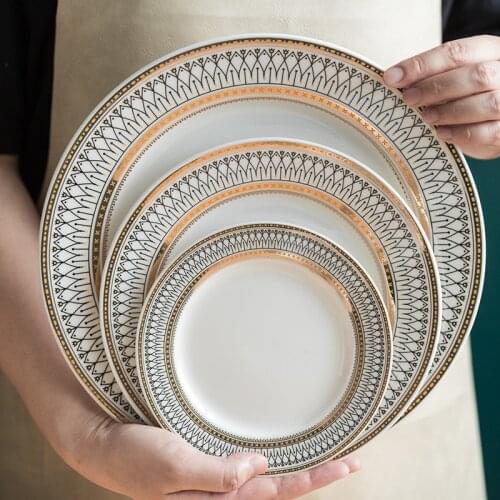 European Golden Bead Glass Plate Western Food Plate Steak Plate Household Tableware Set Banquet Dessert Plate Spoon Set Kitchen