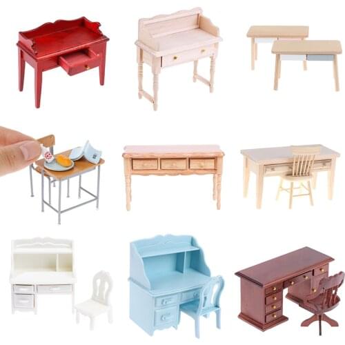 Hot Sale！1 Set 1/12 Wooden Desk Writing Study Desk Computer Chair School Desk Furniture Model Toy Dollhouse Decor