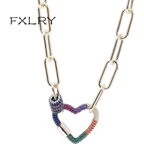 FXLRY High Quality Personality Colorful AAA Zircon Gold Rainbow Love Heart-shaped Geometric Necklace For Women Fashion Jewelry