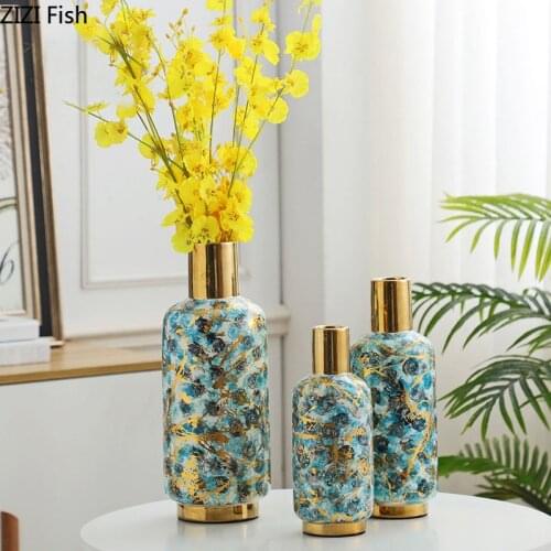 Marble Texture Ceramic Vase Golden Stripe Flower Pot Flowers Arrangement Ornaments Desk Decoration Vases Home Decor Modern