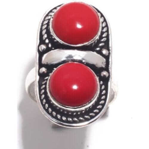 Genuine Coral Ring Silver Overlay over Copper , Hand Made Women Jewelry gift, Size: 7.25, R6896