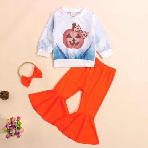 2021 3 Pieces Kids Suit Set, Pumpkin Print O-Neck Long Sleeve Tops+ Solid Color Flared Trousers+ Hairband for Toddler, 1-5 Years