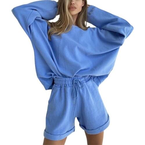 New Womens Casual Suit 2 Piece Summer/Fall Pullover Suit And Elastic Waist Shorts Suit 2 Piece Solid Color Suit Outdoor Sports